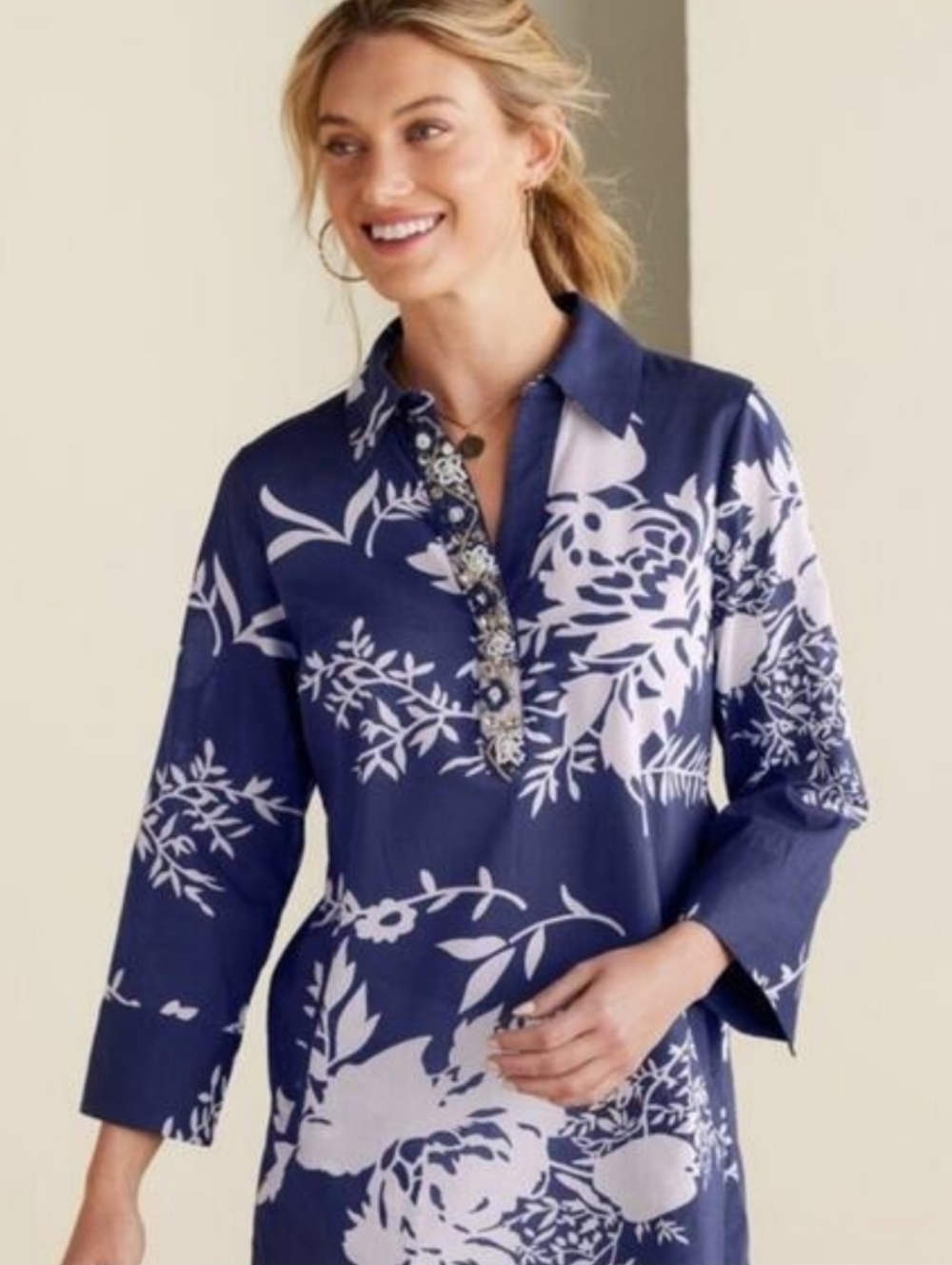 Soft Surrounding Margauex Beaded Tunic Top Navy Blue Floral Size Large